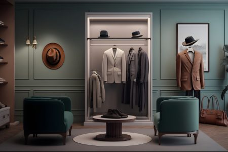 Interior of show room with stylish clothes and accessories, dres Interior of show room with stylish clothes and accessories, dres